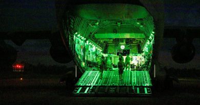 An Air Force aircraft security operations team on the ramp of a C-17A Globemaster III at RAAF Base Amberley during Exercise Precision Gauntlet. Story by Flight Lieutenant Suellen Heath. Photo by Corporal Brett Sherriff.