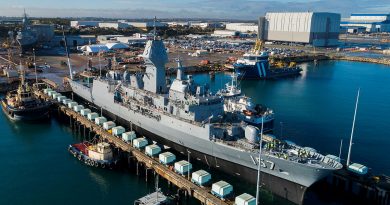 HMAS Perth is lowered out of the dry dock at the Australian Marine Complex at Henderson, WA, after completion of a major part of the Anzac Midlife Capability Assurance Program upgrades. Story by Harriet Pointon Mather.