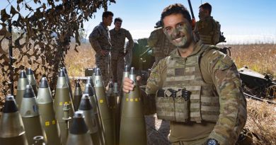 Australian Army Gunner Jesse Lane from the 4th Regt, RAA, with the 155mm M777 Howitzer ammunition at Shoalwater Bay Training Area, QLD, during TS21. Photo by Corporal Jarrod McAneney.