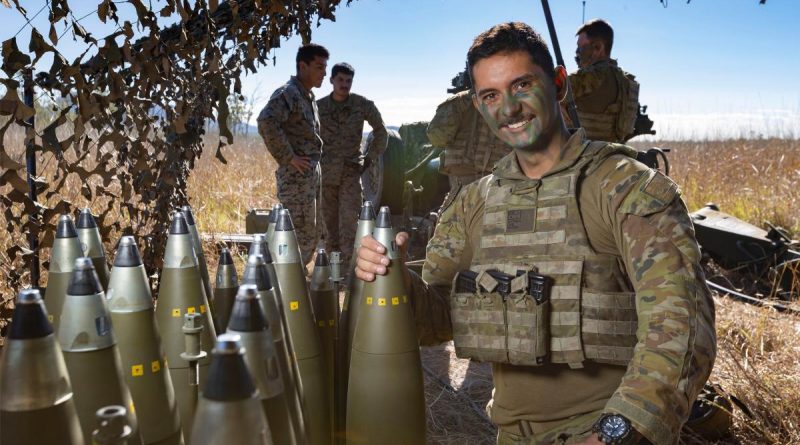 Australian Army Gunner Jesse Lane from the 4th Regt, RAA, with the 155mm M777 Howitzer ammunition at Shoalwater Bay Training Area, QLD, during TS21. Photo by Corporal Jarrod McAneney.