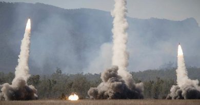 Rockets are launched from US Army and US Marine Corps High Mobility Rocket Artillery Systems during a firepower demonstration at Shoalwater Bay Training Area. Story by Warrant Officer Class 2 Max Bree. Photo by Corporal Madhur Chitnis.