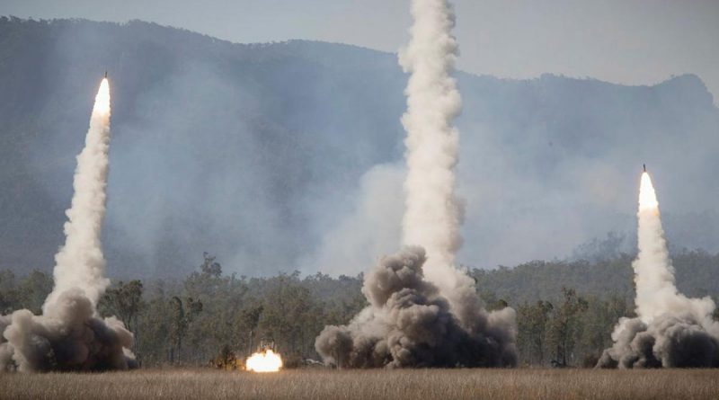 Rockets are launched from US Army and US Marine Corps High Mobility Rocket Artillery Systems during a firepower demonstration at Shoalwater Bay Training Area. Story by Warrant Officer Class 2 Max Bree. Photo by Corporal Madhur Chitnis.