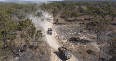 Australian Army Bushmaster's from Battlegroup Coral, conduct a forward passage of lines at the Townsville Field Training Area in Queensland, during Exercise Talisman Sabre 2021. Story by Captain Diana Jennings. Photo by Corporal Brandon Grey.