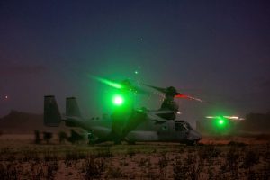 US Marines from 1st Battalion, 7th Marines, disembark a US MV-22B Osprey during an airfield assault serial near Bowen in Queesnland, on Exercise Talisman Sabre 2021. Photo by Leading Aircraftwoman Jacqueline Forrester.