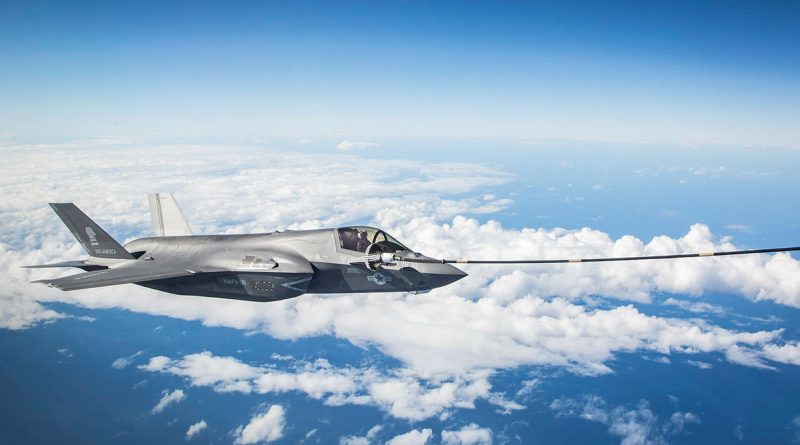 A United States Marine Corps F-35B Lightning II aircraft connects to the KC-30A Multi-Role Tanker Transport aircraft refuelling hoseduring Exercise Talisman Sabre 2021. Story by Eamon Hamilton. Photo by Sergeant Ben Dempster.