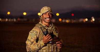 Leading Aircraftman Matthew Pearson, Airfield Defence Guard from No. 1 Security Force, on the flight line at RAAF Base Townsville, during Exercise Talisman Sabre 2021. Story by Flight Lieutenant Suellen Heath. Photo by LACW Emma Schwenke.