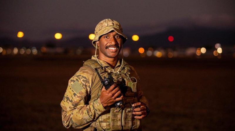 Leading Aircraftman Matthew Pearson, Airfield Defence Guard from No. 1 Security Force, on the flight line at RAAF Base Townsville, during Exercise Talisman Sabre 2021. Story by Flight Lieutenant Suellen Heath. Photo by LACW Emma Schwenke.