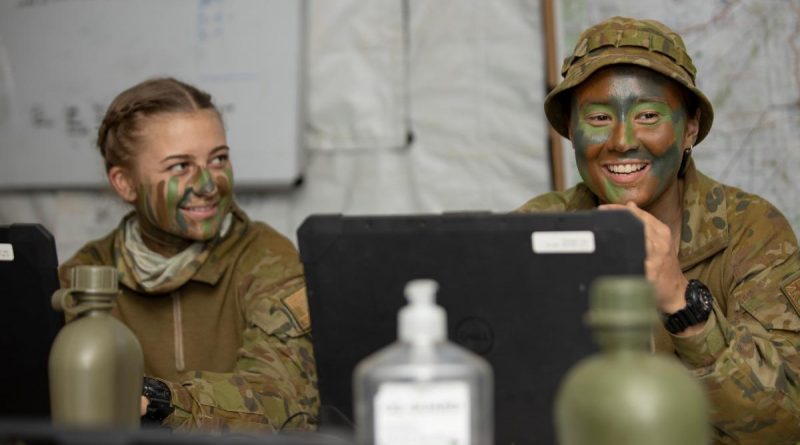 Australian Army soldier Corporal Rhian Mears (right) from Headquarters 3rd Brigade is deployed as a command support clerk to Townsville field training area, Queensland, during Exercise Talisman Sabre 2021. Story by Captain Diana Jennings. Photo by Corporal Brandon Grey.