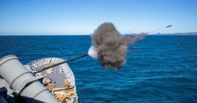 HMAS Ballarat conducts a five-inch gun firing while sailing off the coast of Queensland during Exercise Talisman Sabre. Story by Lieutenant Commander Ryan Zerbe. Photo by Leading Seaman Ernesto Sanchez.