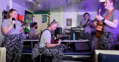 HMAS Brisbane’s band, made up of members of the crew, play their first gig together in front of a live audience in the junior sailors' café off the coast of Queensland during Exercise Talisman Sabre. Story and photo by Leading Seaman Daniel Goodman.