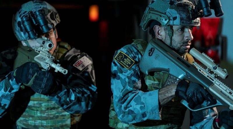 Able Seaman Boatswains Mate Jade Waipara, left, and Leading Seaman Boatswains Mate William Lete conduct quick-response force training on board HMAS Brisbane during Exercise Talisman Sabre. Story and photo by Leading Seaman Daniel Goodman.