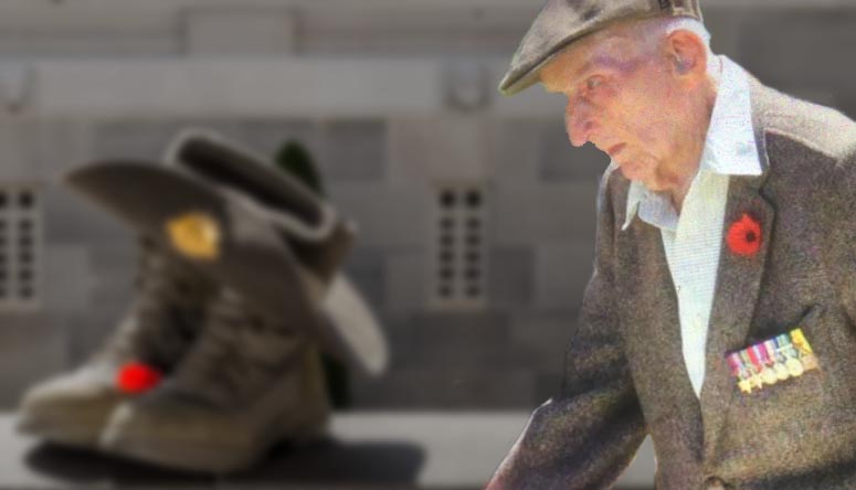 Bocker on Remembrance Day 2019 – superimposed over a slouch hat and boots. Background photo by Corporal Nunu Campos – Bocker's photo supplied by Tomas Hamilton – digital composition by CONTACT.