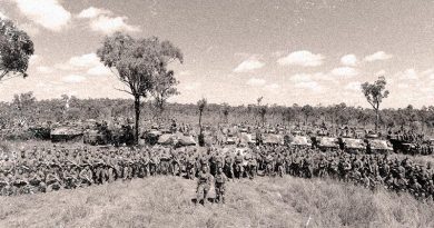 Group photo of troops involved in a complex assault during combined-arms training near Townsville, including 3rd Brigade, 11th Brigade, Royal Yeomanry and Queens Dragoon Guards. Photo by Major Al Green, digitally altered by CONTACT.