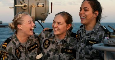 Sub Lieutenants Taylah Guttormsen, left, and Amy Steele and Midshipman Laura Triffitt are completing Phase 2 of their maritime warfare officer course aboard HMAS Brisbane during Exercise Talisman Sabre. Story by Lieutenant Sarah Rohweder. Photo by Leading Seaman Daniel Goodman.