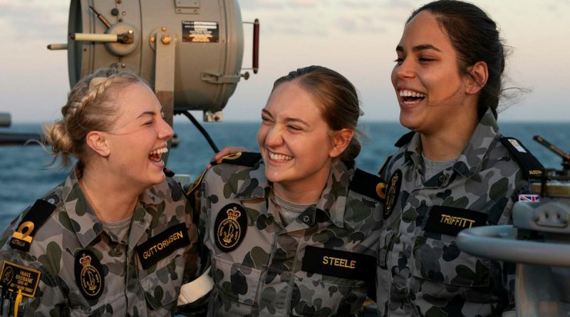 Sub Lieutenants Taylah Guttormsen, left, and Amy Steele and Midshipman Laura Triffitt are completing Phase 2 of their maritime warfare officer course aboard HMAS Brisbane during Exercise Talisman Sabre. Story by Lieutenant Sarah Rohweder. Photo by Leading Seaman Daniel Goodman.