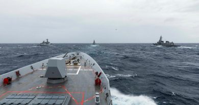 HMAS Brisbane conducts officer-of-the-watch manoeuvres with JS Makinami, ROKS Wang Geon and HMAS Parramatta during Exercise Talisman Sabre 2021. Story by Lieutenant Sarah Rohweder. Photo by Leading Seaman Daniel Goodman.