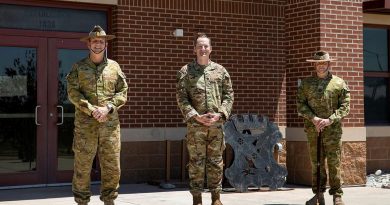 Lieutenant Colonel Drew Rhodes, centre, with Brigadier Jason Blain, left, and Warrant Officer Class One Matthew Bold at Fort Carson, Colorado Springs. Story by Captain Taylor Lynch 30 June 2021. Photo by Corporal Nicole Dorrett.