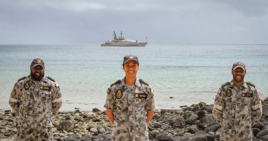 Able Seaman Henry Burns, left, Leading Seaman Monifah See Kee and Able Seaman Terry Waia at a Coming of the Light ceremony in the Torres Straits Islands. Photo by Leading Seaman Breanna Jacobs-Rochford.