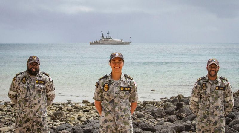 Able Seaman Henry Burns, left, Leading Seaman Monifah See Kee and Able Seaman Terry Waia at a Coming of the Light ceremony in the Torres Straits Islands. Photo by Leading Seaman Breanna Jacobs-Rochford.