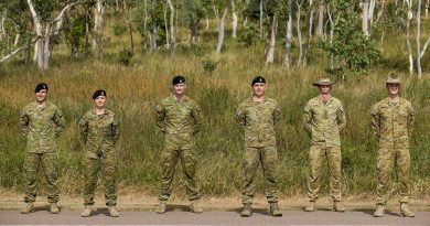 The personnel who helped the injured motorcyclist, from left, Craftsman Michael Fisicaro, Corporal Dannielle Fitzgerald, Trooper Thomas Flemming, Lance Corporal Cameron Taylor, Lieutenant Brock Clarke and Signaller Jarrod O'Brien. Story by Captain Diana Jennings.