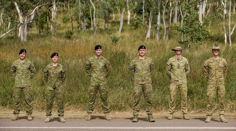 The personnel who helped the injured motorcyclist, from left, Craftsman Michael Fisicaro, Corporal Dannielle Fitzgerald, Trooper Thomas Flemming, Lance Corporal Cameron Taylor, Lieutenant Brock Clarke and Signaller Jarrod O'Brien. Story by Captain Diana Jennings.