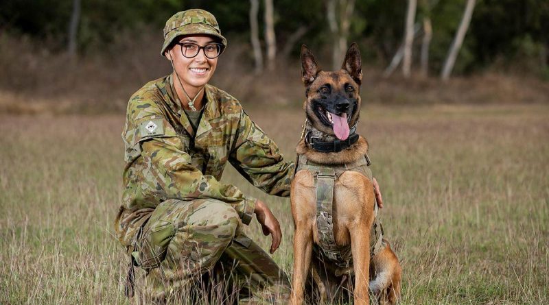 Private Beata Wawrzynowicz and Military Police Dog Azura, of the 1st Military Police Battalion, at Lavarack Barracks, Townsville, for Exercise Talisman Sabre. Story by Flight Lieutenant Chloe Stevenson. Photo by Leading Aircraftwoman Emma Schwenke.