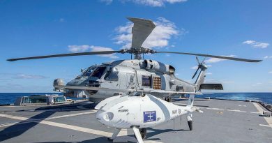 HMAS Ballarat’s embarked MH-60R and S-100 Schiebel Camcopter on the flight deck during Exercise Talisman Sabre. Story by Lieutenant Commander Ryan Zerbe. Photo by Leading Seaman Ernesto Sanchez.