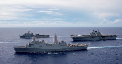 USS America, USS New Orleans and USS Germantown sail in formation in the Indo-Pacific region, heading to Talisman Sabre. Story by Lieutenant Commander Sherrie Flippin. Photo by Mass Communication Specialist 3rd Class Jomark Almazan.