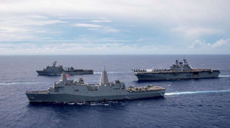 USS America, USS New Orleans and USS Germantown sail in formation in the Indo-Pacific region, heading to Talisman Sabre. Story by Lieutenant Commander Sherrie Flippin. Photo by Mass Communication Specialist 3rd Class Jomark Almazan.