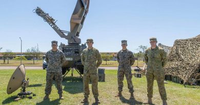 US Marine Corps Lance Corporal Rodrigo Morales, left, Australian Army Signaller Richard Davis, US Marine Corps Lance Corporal Johnny Hernandez and Australian Army Signaller Kurt Bloomfield at Robertson Barracks. Story by Captain Peter March. Photo by Corporal Rodrigo Villablanca.