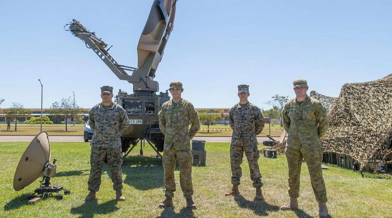 US Marine Corps Lance Corporal Rodrigo Morales, left, Australian Army Signaller Richard Davis, US Marine Corps Lance Corporal Johnny Hernandez and Australian Army Signaller Kurt Bloomfield at Robertson Barracks. Story by Captain Peter March. Photo by Corporal Rodrigo Villablanca.