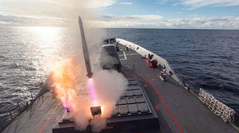 HMAS Brisbane launches its Evolved Sea Sparrow Missile during Exercise Pacific Vanguard. Story by Lieutenant Geoff Long. Photo by Leading Seaman Daniel Goodman.