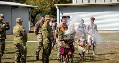 Bindal Elder Uncle Alfred Smallwood welcomes Exercise Talisman Sabre participants to country with a traditional smoking ceremony at Lavarack Barracks, Townsville. Story by Lieutenant Jonathan Carkhuff. Photo by Lauren Larking.