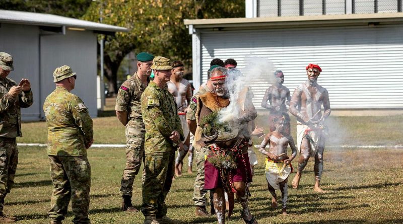 Bindal Elder Uncle Alfred Smallwood welcomes Exercise Talisman Sabre participants to country with a traditional smoking ceremony at Lavarack Barracks, Townsville. Story by Lieutenant Jonathan Carkhuff. Photo by Lauren Larking.