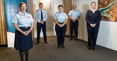 The Air Force team helping keep international freight moving Air Vice Marshal Margaret Staib, left, Squadron Leader Chris Ford, Warrant Officer Jodi Peck, Squadron Leader Andrew Lightfoot and Group Captain Louise Burstow. Story by Lieutenant Anthony Martin. Photo by Sergeant Kirk Peacock.