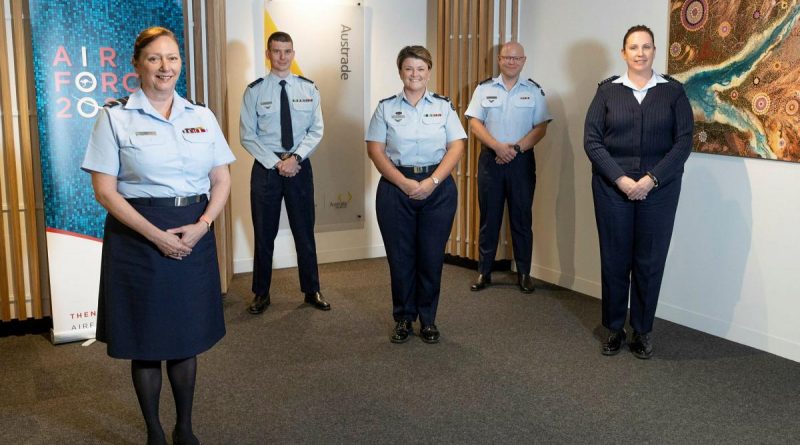 The Air Force team helping keep international freight moving Air Vice Marshal Margaret Staib, left, Squadron Leader Chris Ford, Warrant Officer Jodi Peck, Squadron Leader Andrew Lightfoot and Group Captain Louise Burstow. Story by Lieutenant Anthony Martin. Photo by Sergeant Kirk Peacock.