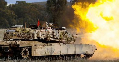 An Australian Army M1A1 Abrams main battle tank fires its main armament during live-fire training for Exercise Gauntlet Strike at Puckapunyal Military Training Area. Photo by Corporal Robert Whitmore.