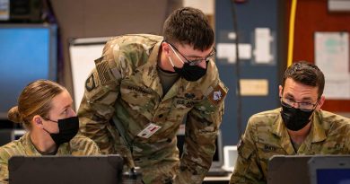 Australian Army Captain Sam Smith, Specialist Tyler Myers, of the US Army, and Private Brook Restall, from 7 Brigade, while deployed on the Joint Warfighting Assessment at Fort Carson, Colorado. Story by Captain Taylor Lynch. Photo by Corporal Nicole Dorrett.