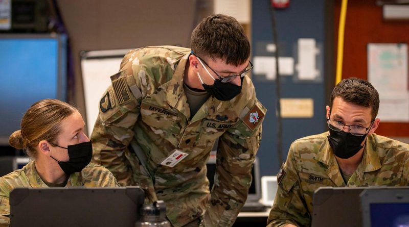 Australian Army Captain Sam Smith, Specialist Tyler Myers, of the US Army, and Private Brook Restall, from 7 Brigade, while deployed on the Joint Warfighting Assessment at Fort Carson, Colorado. Story by Captain Taylor Lynch. Photo by Corporal Nicole Dorrett.