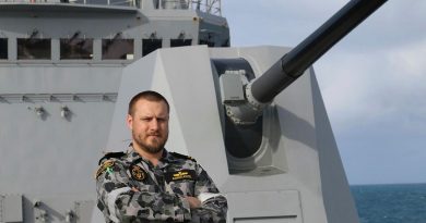 Weapons Electrical Engineering Officer Lieutenant Nick Adriaanse stands on the forecastle of HMAS Brisbane while sailing off the east coast of Queensland. Story by Lieutenant Sarah Rohweder.