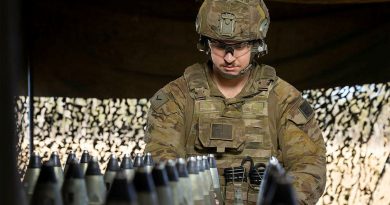 Lance Bombardier Marc Millet, of the 4th Regiment, Royal Australian Artillery, prepares the M777 Howitzer ammunition during Exercise Talisman Sabre. Story by Warrant Officer Class 2 Max Bree. Photo by Corporal Jarrod McAneney.