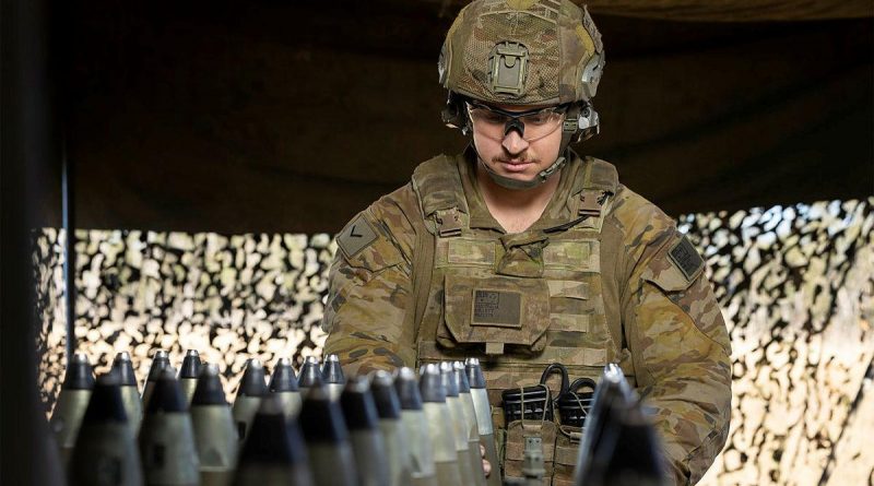 Lance Bombardier Marc Millet, of the 4th Regiment, Royal Australian Artillery, prepares the M777 Howitzer ammunition during Exercise Talisman Sabre. Story by Warrant Officer Class 2 Max Bree. Photo by Corporal Jarrod McAneney.