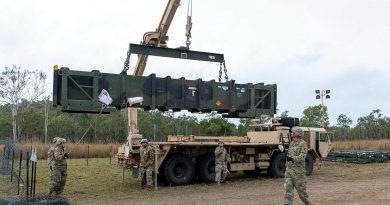 United States Army personnel load a Patriot missile on to a guided missile transporter vehicle in the lead-up to a live-fire event to be held at Shoalwater Bay in Queensland during Exercise Talisman Sabre. Story and photo by Private Jacob Joseph.