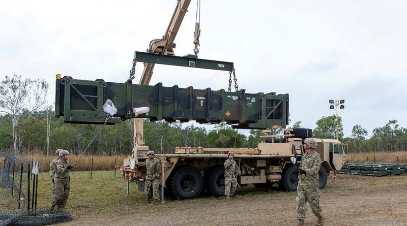 United States Army personnel load a Patriot missile on to a guided missile transporter vehicle in the lead-up to a live-fire event to be held at Shoalwater Bay in Queensland during Exercise Talisman Sabre. Story and photo by Private Jacob Joseph.