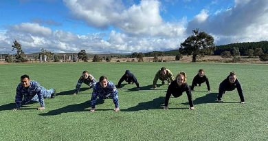 Headquarters Joint Operations Command and Spotless personnel participate in the 2021 Push For Better push-up challenge on the Walter Roy Hyles Field at HQJOC Bungendore, NSW. Story by Sarah Collins.