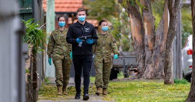 Army Privates Kate Larby and Maddison Lillie, and Victorian Department of Health Authorised Officer Daniel Green on patrol as part of a COVID-19 Household Engagement Program to support the Victorian State government’s response to the COVID-19 Pandemic. Photo by Private Michael Currie.