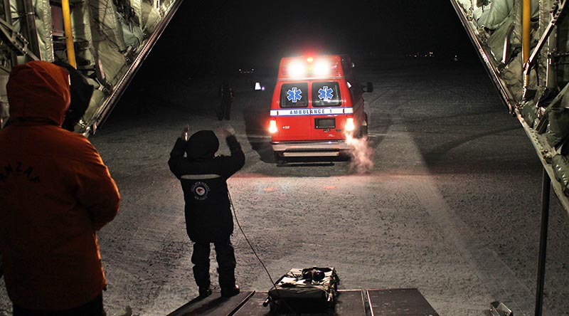 A C-130H Hercules carries out a medical evacuation in Antarctica. Supplied by Waynne Williams/Antarctica New Zealand