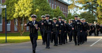 Members of the Defence Force School of Signals - Maritime Wing march through the streets of HMAS Cerberus during celebrations to mark 100 years of communications training. Story by Leading Seaman Peta Binns. Photo by Petty Officer James Whittle.