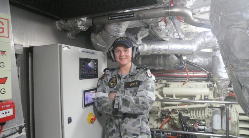 Able Seaman Briana Letta in the engine room of Australian Defence Vessel Cape Inscription while deployed on Operation Resolute. Story by Lieutenant Mollie Burns.