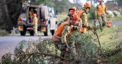 Army personnel from the 22nd Engineer Regiment and the 4th/19th Prince of Wales’s Light Horse Regiment clear a fallen tree branch in Carrajung, Victoria. Story by Captain Martin Hadley. Photo by Corporal David Cotton.